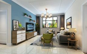 2023现代简约94平二居客厅蓝色电视墙装修效果图