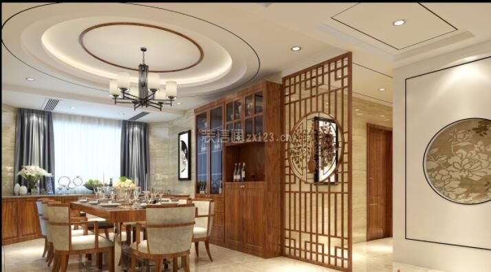 2020新中式餐厅装修设计图 2020新中式餐厅吊顶效果图 