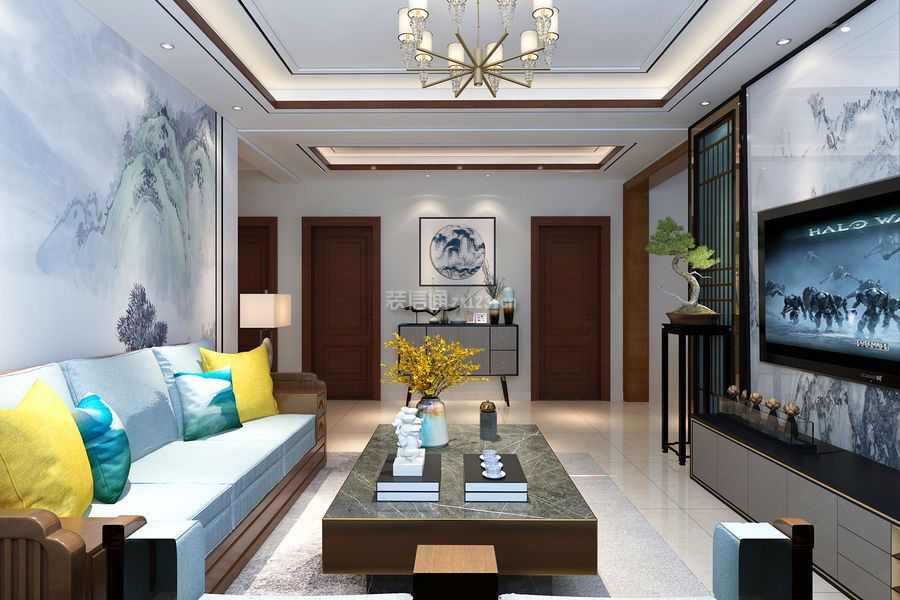 现代中式风格客厅茶几沙发摆设效果图