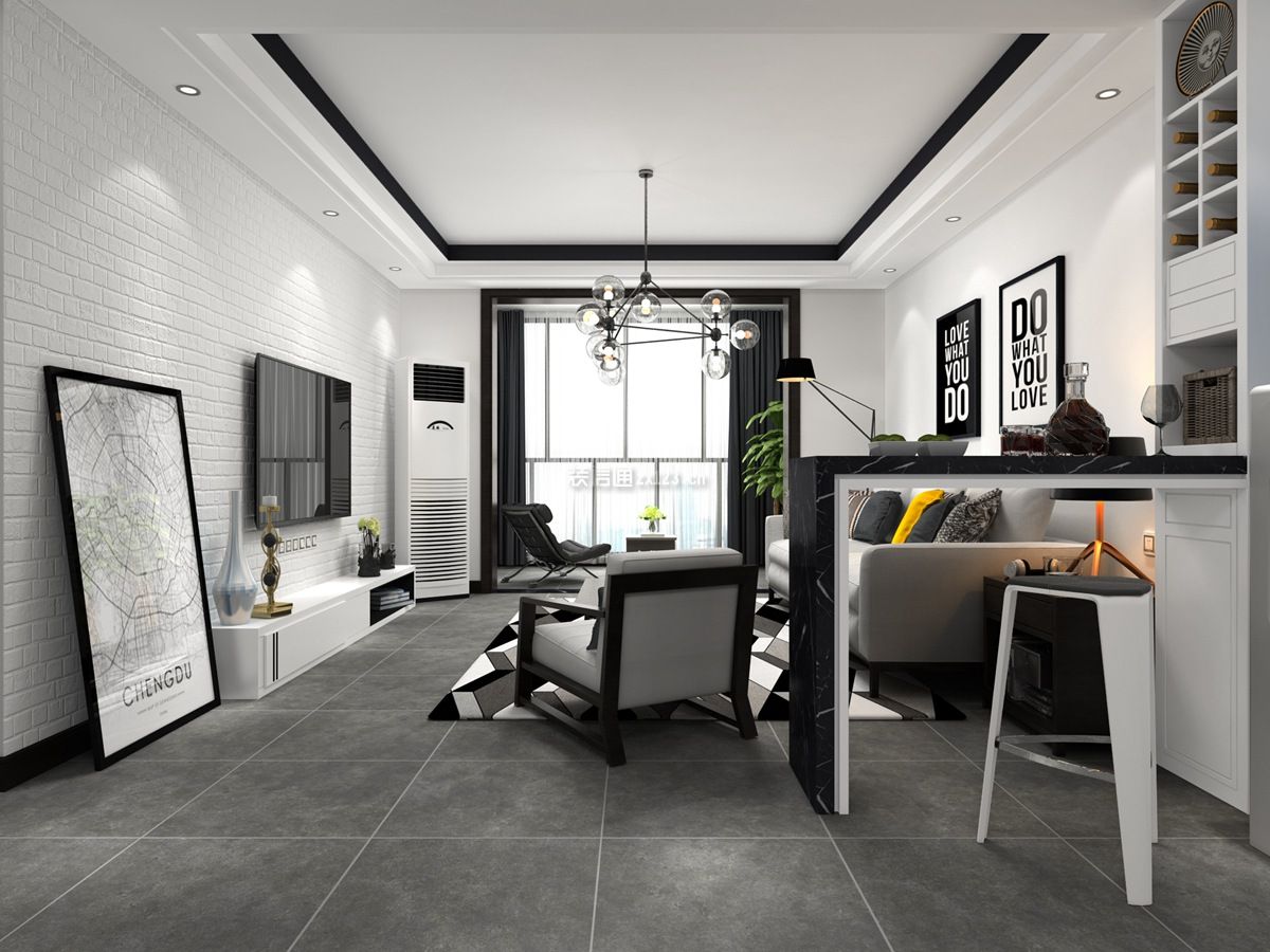 黑白现代简约90平三居室客厅装修效果图