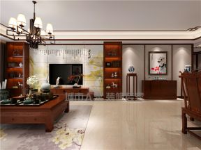 新中式风格170平四居客厅瓷砖电视墙装修效果图