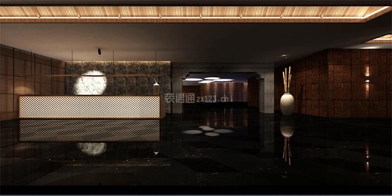 2023新中式水療會所大廳前臺背景墻布置效果圖
