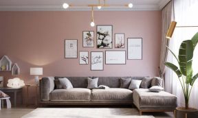 现代北欧风格86平米三居客厅粉色背景墙装修设计图片
