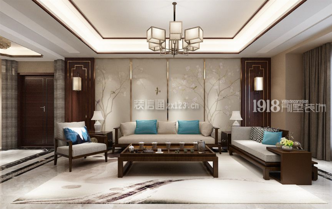 大气新中式风格420平米别墅客厅沙发墙装修效果图