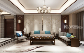 大气新中式风格420平米别墅客厅沙发墙装修效果图