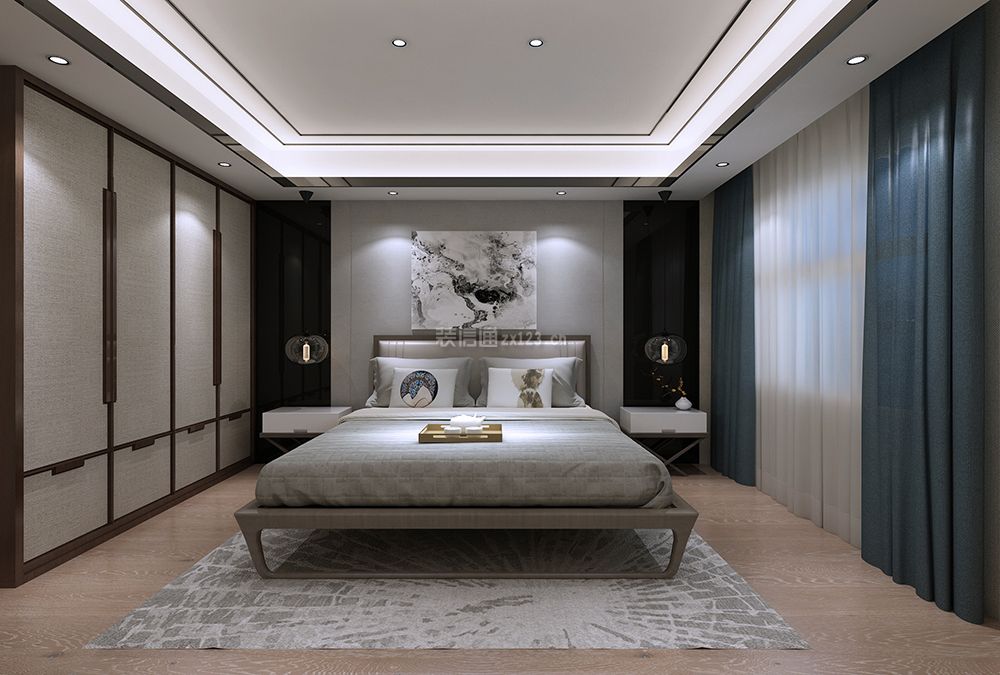 2018新中式风格三居室卧室窗帘搭配设计图