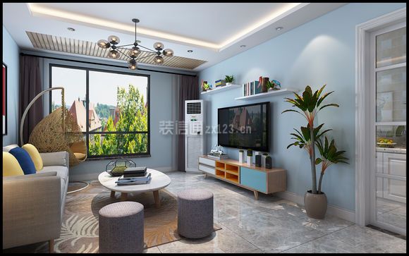 现代简约风格112平米二居室客厅蓝色电视墙装修效果图