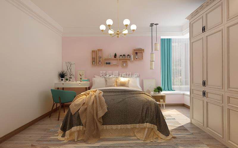 简约北欧110平二居卧室粉色背景墙设计效果图