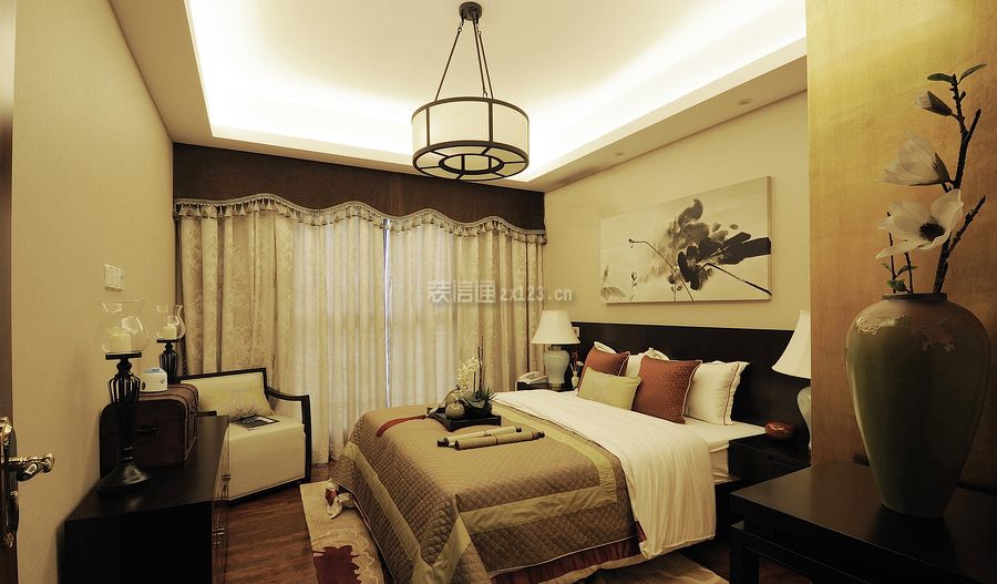 新中式风格109平方三居卧室吊灯装修设计图片