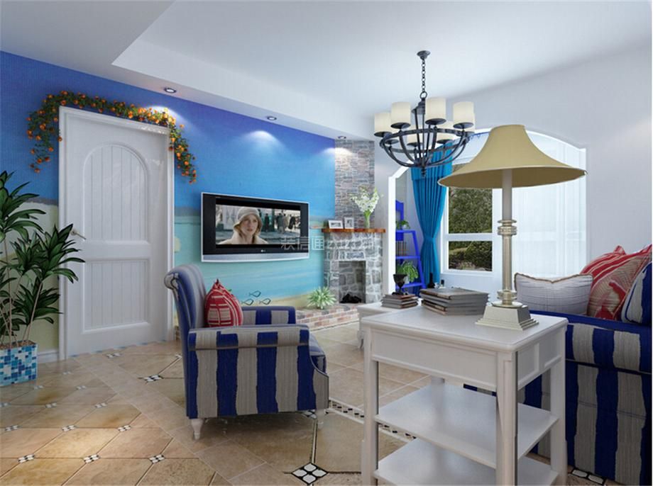 地中海风格90平米小户型客厅电视墙装修效果图