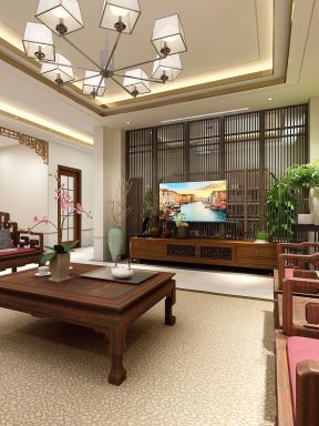 新中式200平别墅客厅实木电视柜装修效果图