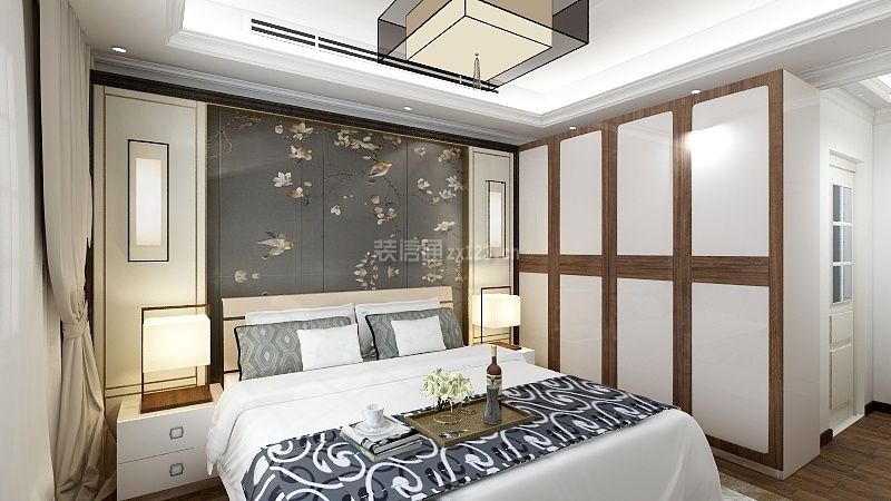 新中式风格107平米三居室卧室整体衣柜装修效果图