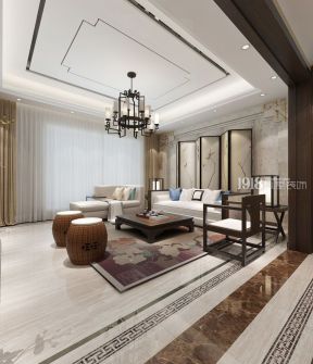 新中式风格200平方米四居客厅沙发墙装潢效果图