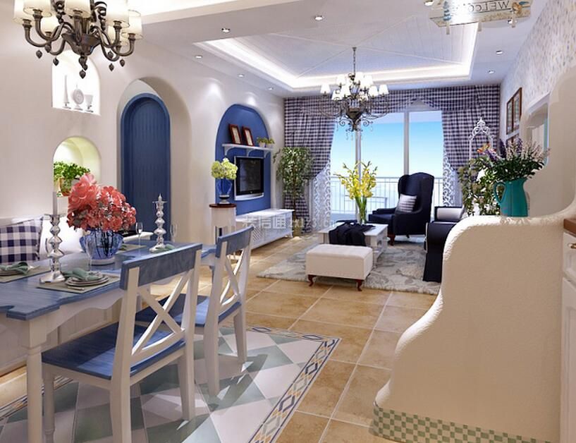 地中海风格93平二居餐厅餐桌椅装修效果图