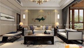 新中式风格230平别墅客厅沙发墙装修效果图
