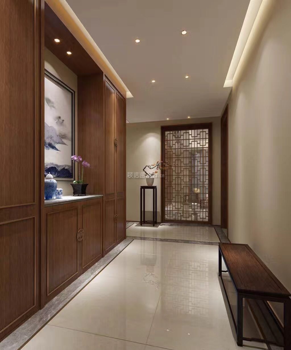 新中式风格350平别墅走廊背景墙装修效果图