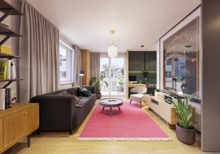 单身公寓客厅红色地毯精装效果图