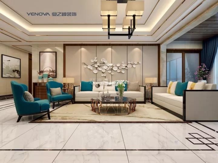 新中式风格240平大四居客厅沙发墙装修效果图
