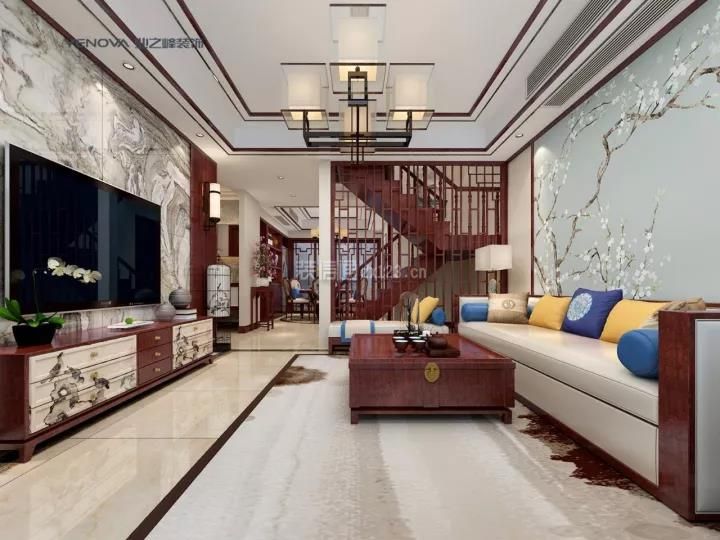 新中式150平方米四居室客厅红木茶几装修效果图