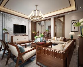 2023新中式别墅客厅石材电视墙装修效果图