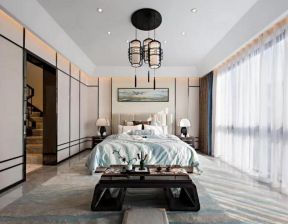 中式风格超大卧室白色纱帘设计装修图
