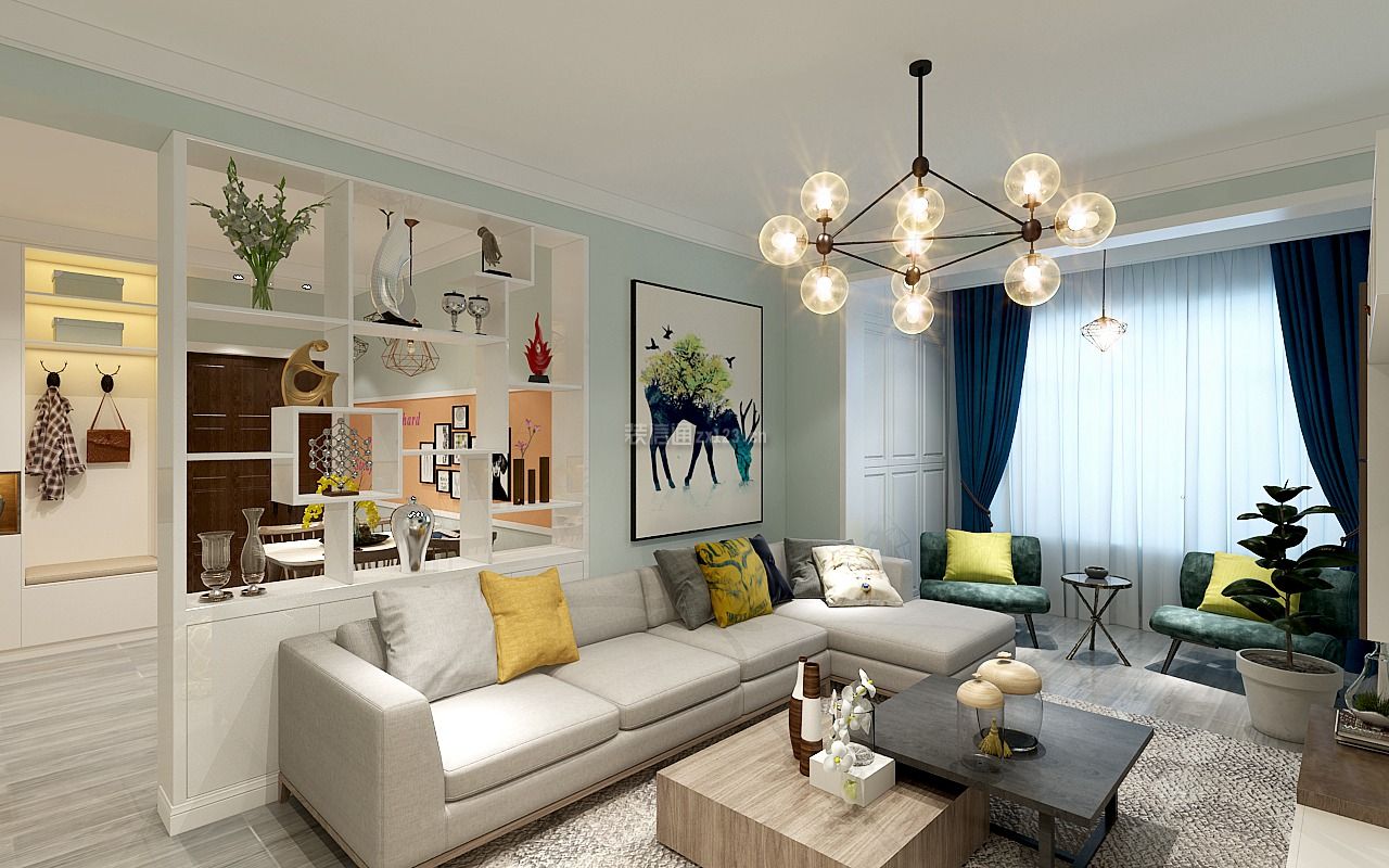 现代北欧风格73平米二居客厅沙发装修效果图