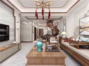 2023新中式风格190平四居客厅实木茶几装潢设计图