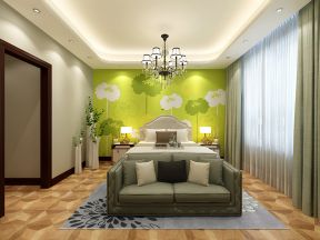 绿地中央墅四居180平新中式风格卧室床头背景墙设计