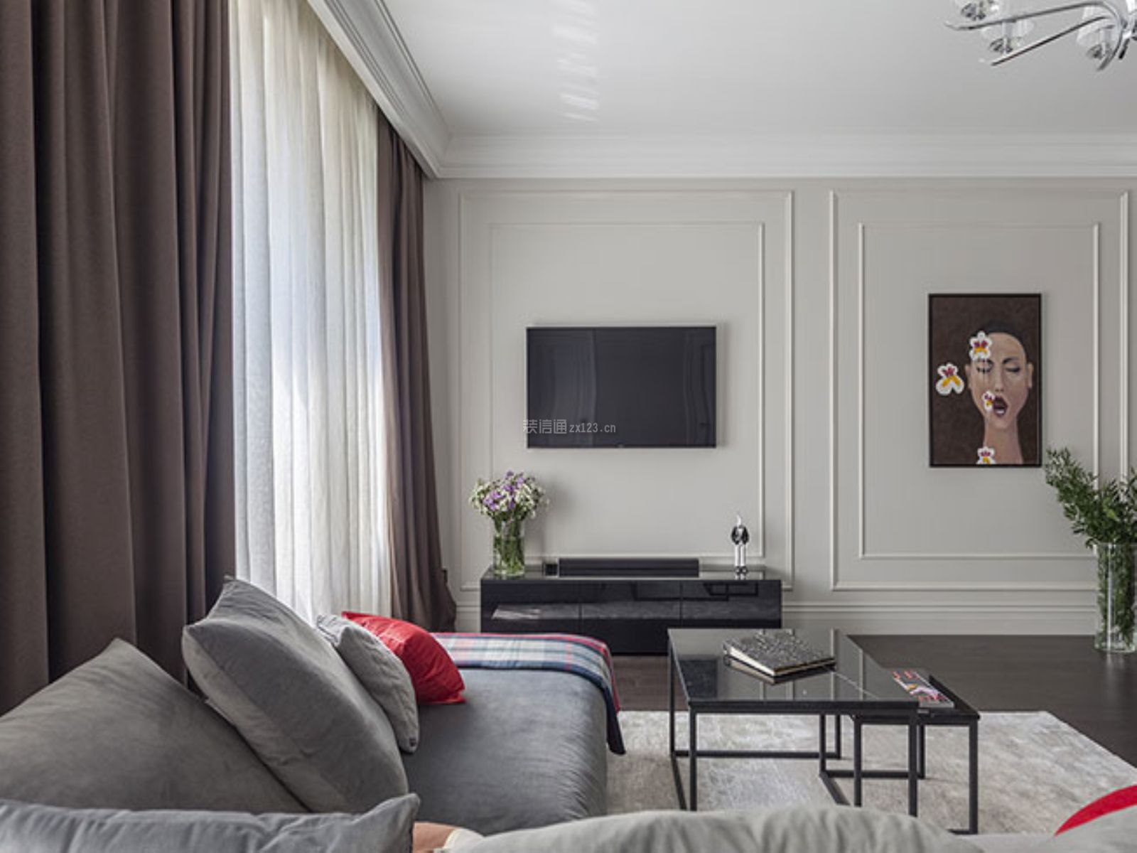 简约现代风格120平三居室客厅石膏线电视背景墙设计图