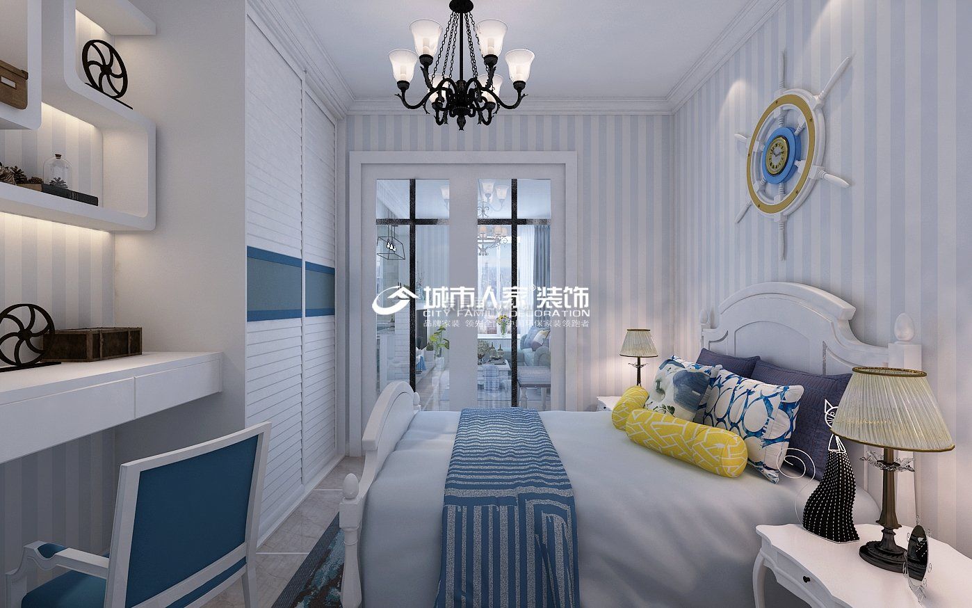 地中海风格75平米三居卧室装修效果图