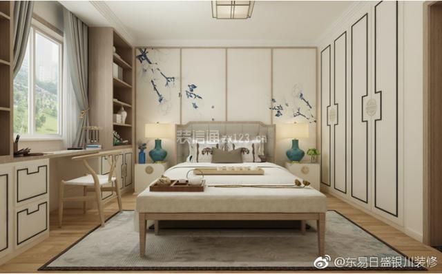 新中式风格139平米三居卧室床头墙装修效果图
