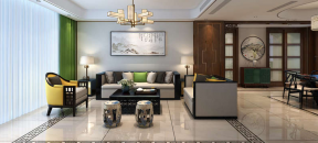 新中式风格135平米四居客厅绿色窗帘装修效果图