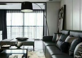 简约现代风格110平三室客厅黑色沙发搭配设计图