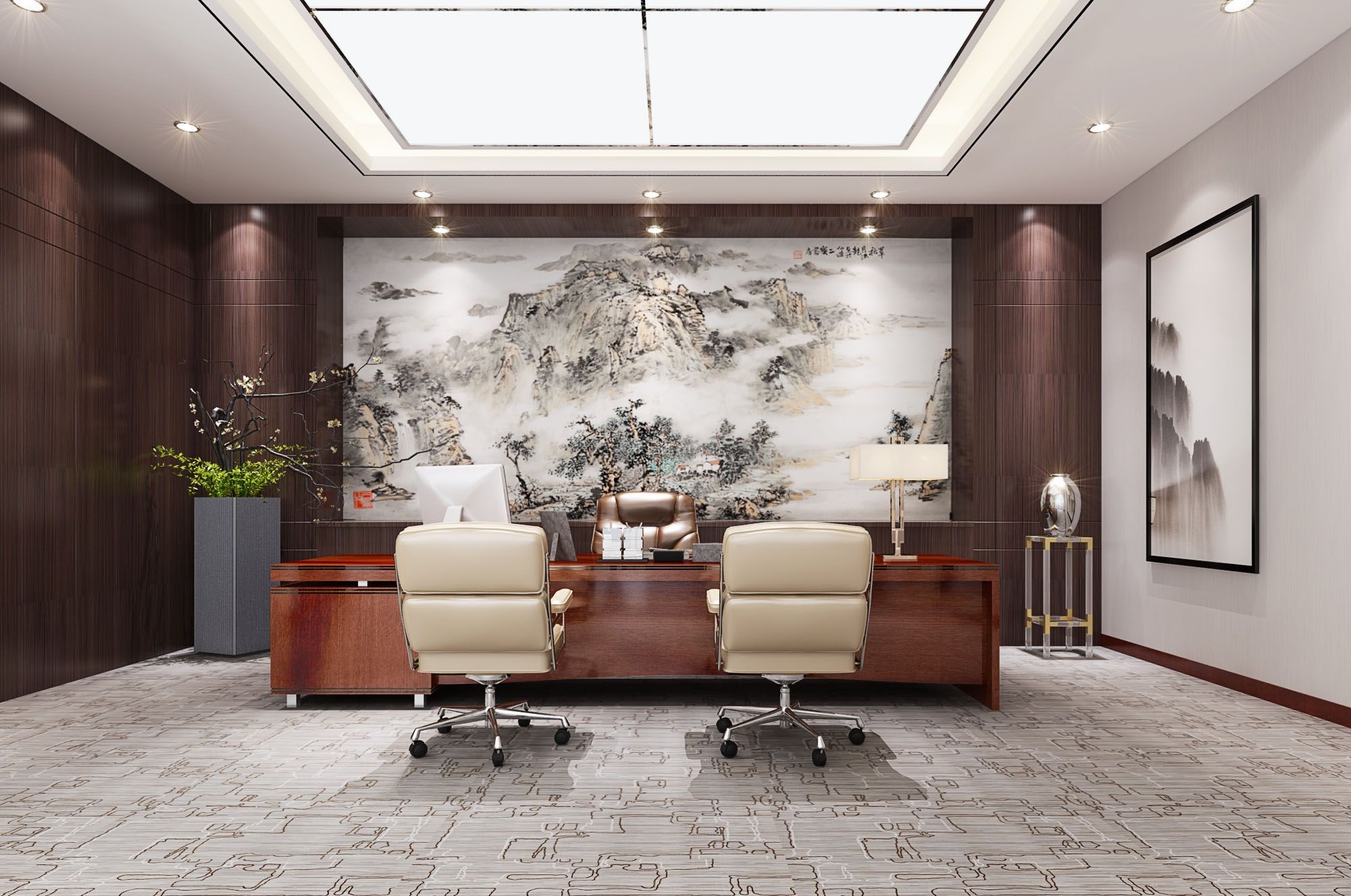 2023新中式风格独立办公室背景墙装修效果图