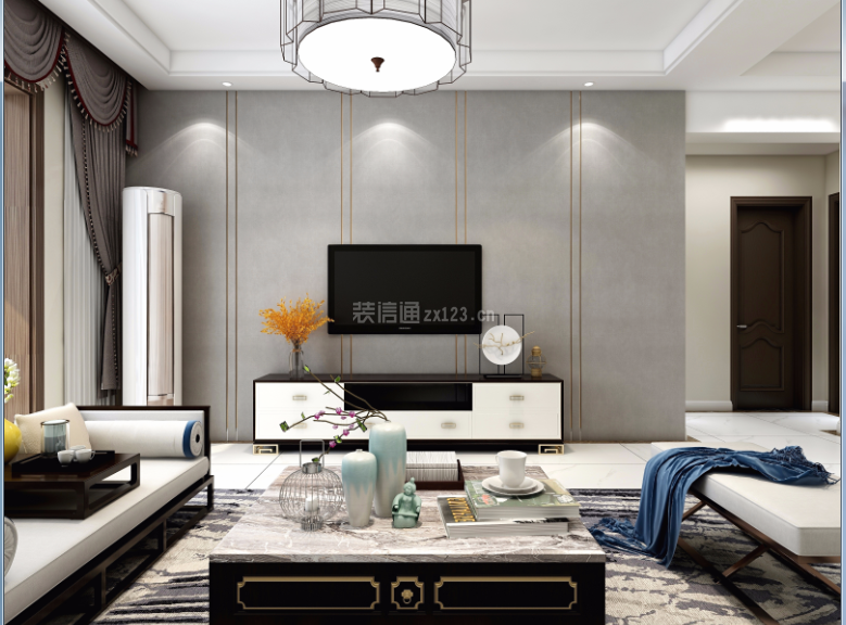 新中式风格120平米三居客厅电视墙家装效果图