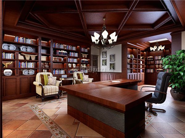 新中式书房设计效果图 2020复古家具新中式书房效果图 