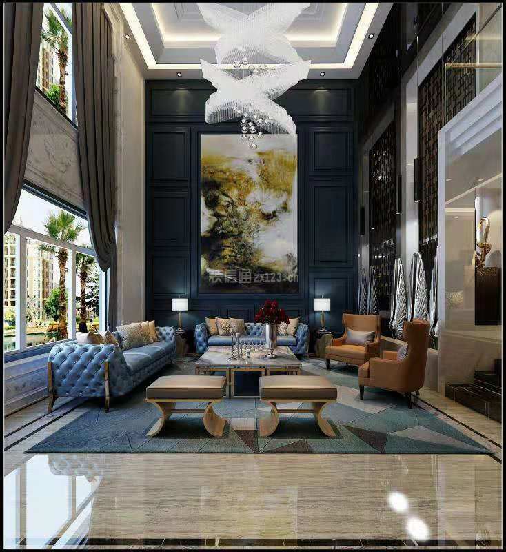 别墅挑高客厅装修效果图 2020别墅挑高客厅沙发摆设效果图 