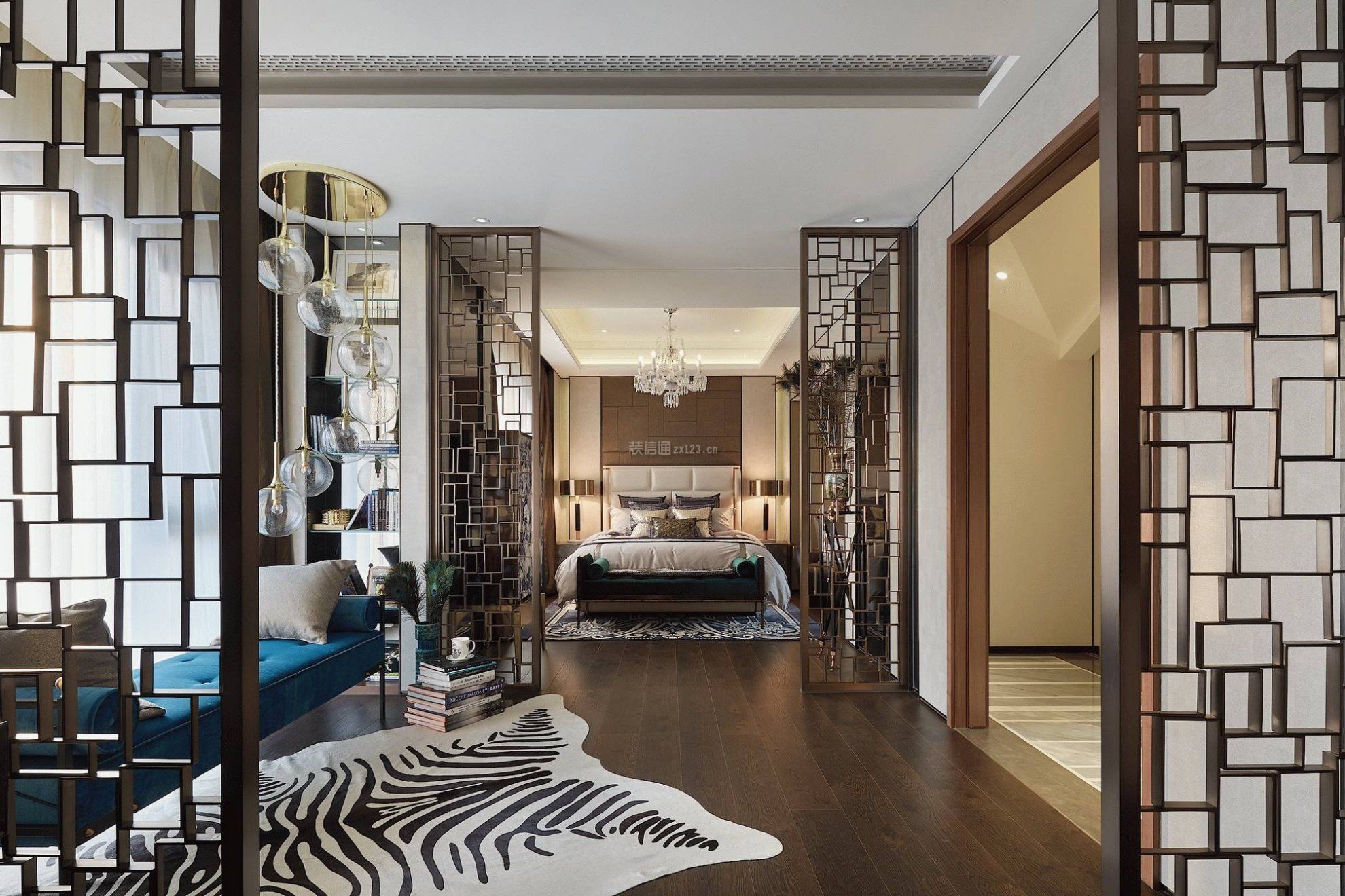 新中式风格别墅豪华卧室地板设计高清效果图