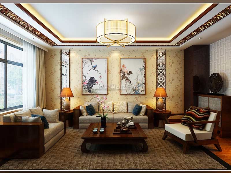现代中式客厅吊顶效果图 别墅中式客厅 