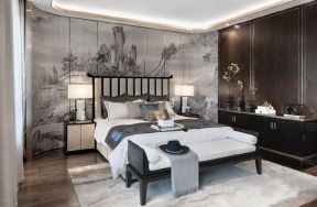  新中式卧室大全  新中式卧室风格 2020水墨画壁纸背景墙效果图