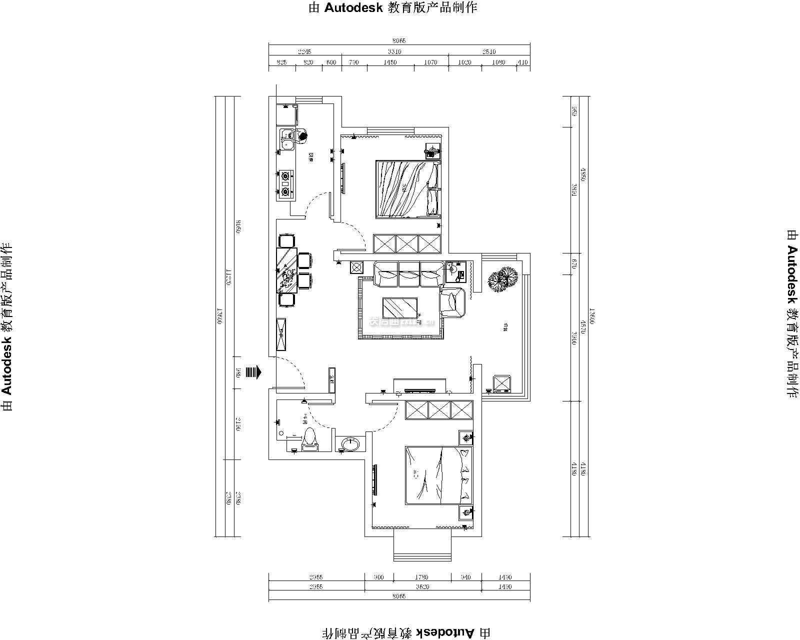 弘石湾93平米两居室中式风格装修平面图