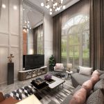 现代风格450平米别墅客厅镜面电视墙设计效果图