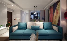 现代风格100㎡三居室客厅布艺蓝色沙发设计图片