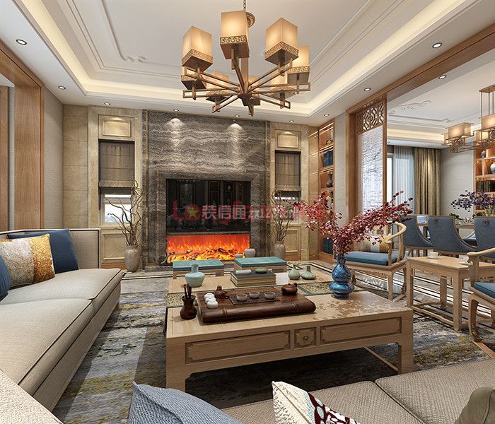 新中式风格370平米别墅客厅电视墙装饰效果图
