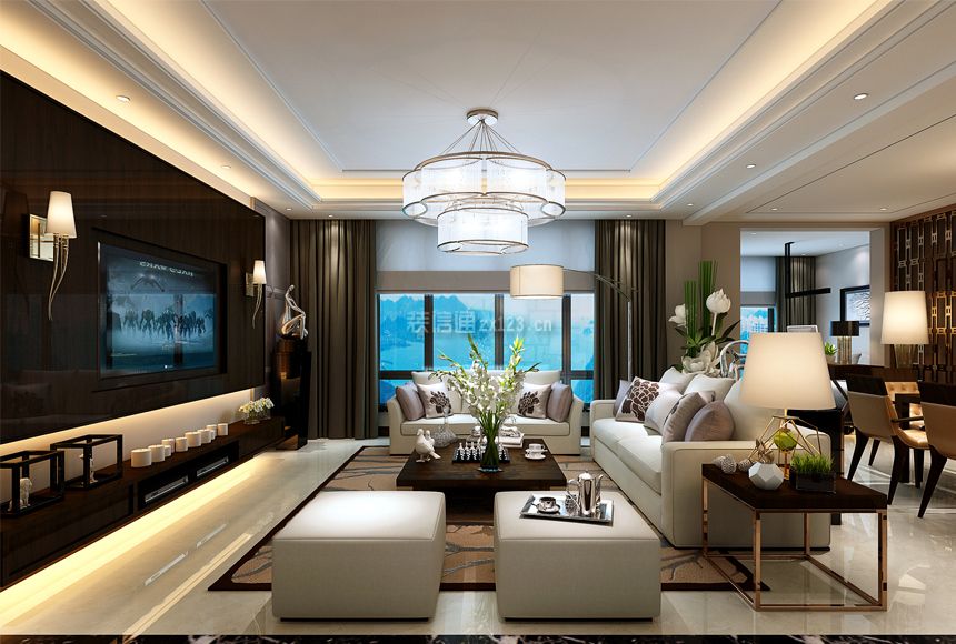 现代简约风格140㎡三居室客厅吊灯装潢效果图