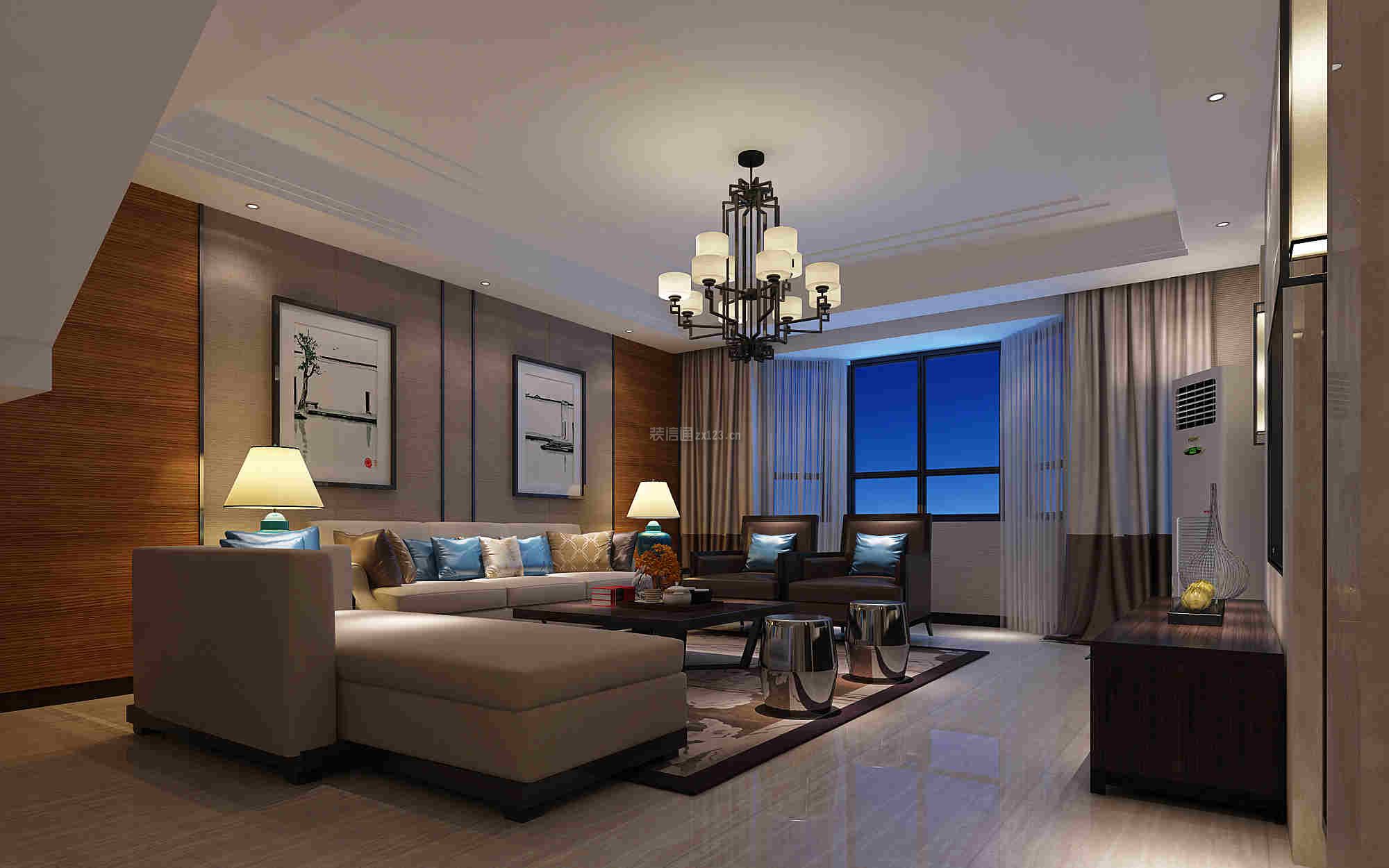 现代中式风格200平别墅客厅沙发背景墙装修效果图