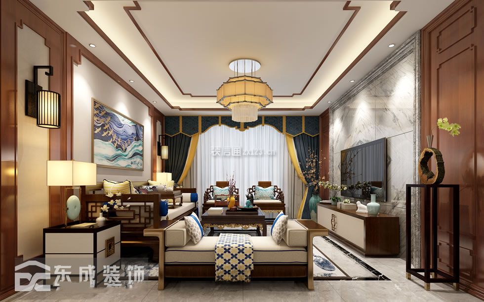 丽景湾202平米别墅新中式风格客厅装修效果图