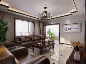 新中式风格190平四居室客厅皮沙发装修效果图