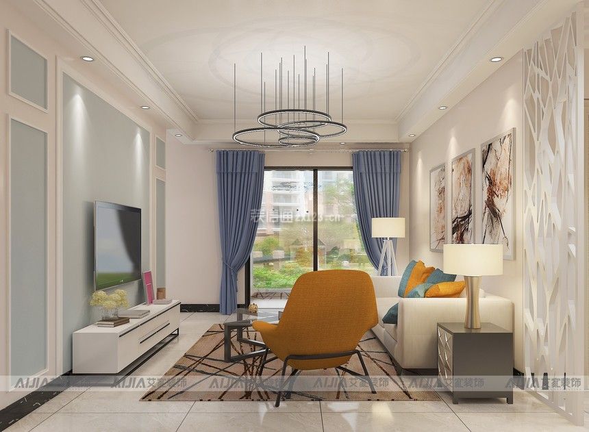 现代简约风格80㎡三居客厅软装搭配效果图