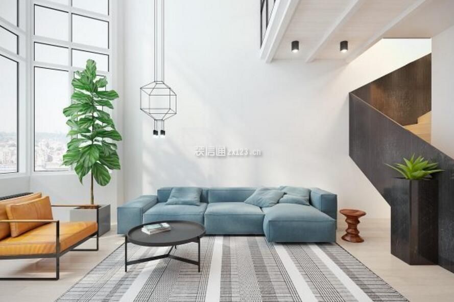 loft公寓客厅蓝色沙发设计实景图片